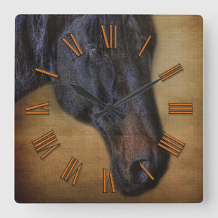 Black Horse Portrait on Rustic Parchment-effect Quadratische Wanduhr