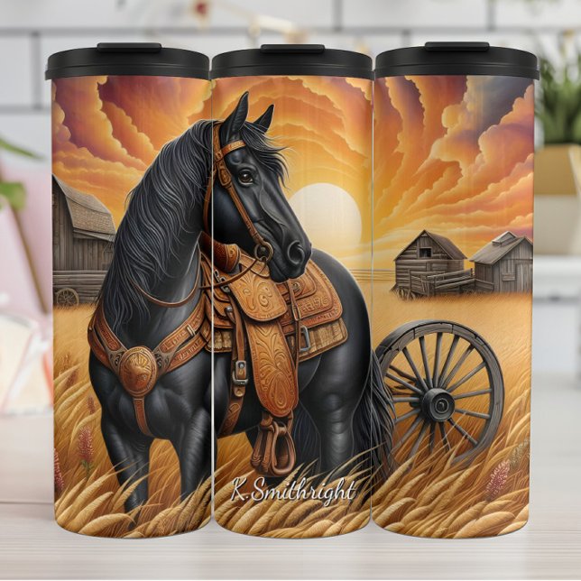 Black Horse Wheat Field Sunset Thermosbecher (Von Creator hochgeladen)