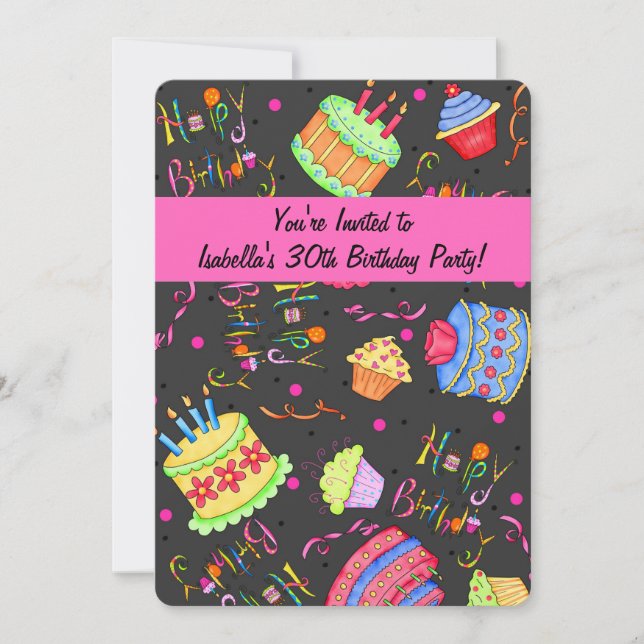 Black Hot Pink Cake 30. Geburtstag Einladung (Vorderseite)