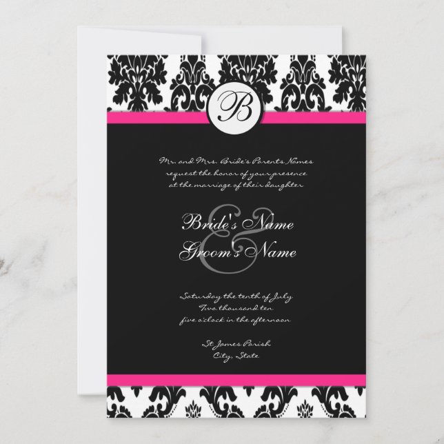Black Hot Pink Damask Einladung zur Hochzeit (Vorderseite)