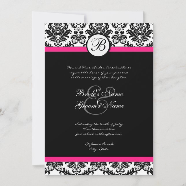 Black Hot Pink Damask Einladung zur Hochzeit (Vorderseite)