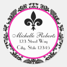 Black & Hot Pink Damask Fleur De Lys Address Label