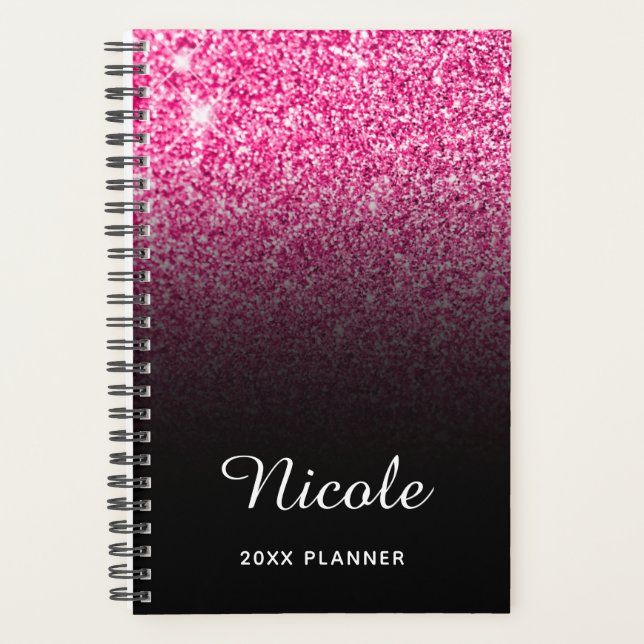 Black Hot Pink Glitzer Ombre Personalisiert Planer (Vorderseite)