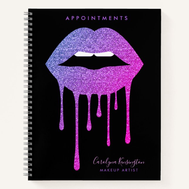 Black Hot Pink Purple Dripping Glitter Lips Makeup Notizbuch (Vorderseite)