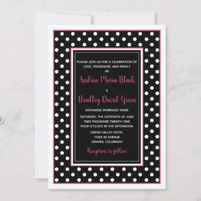 Black Hot Pink White Polka Dot Wedding Einladung (Vorderseite)