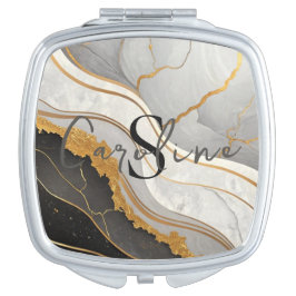 Black I Gold Agate Glitter Sparkle Monogram Taschenspiegel