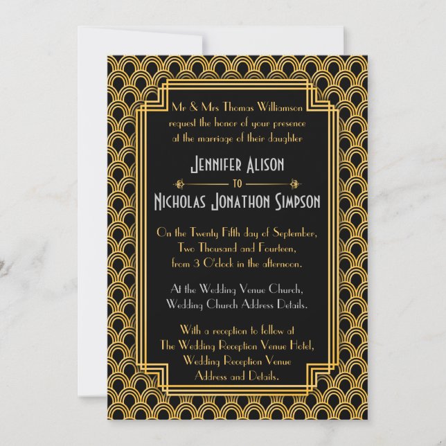 Black Imitate Gold Art Deco Fans Muster Hochzeit Einladung (Vorderseite)