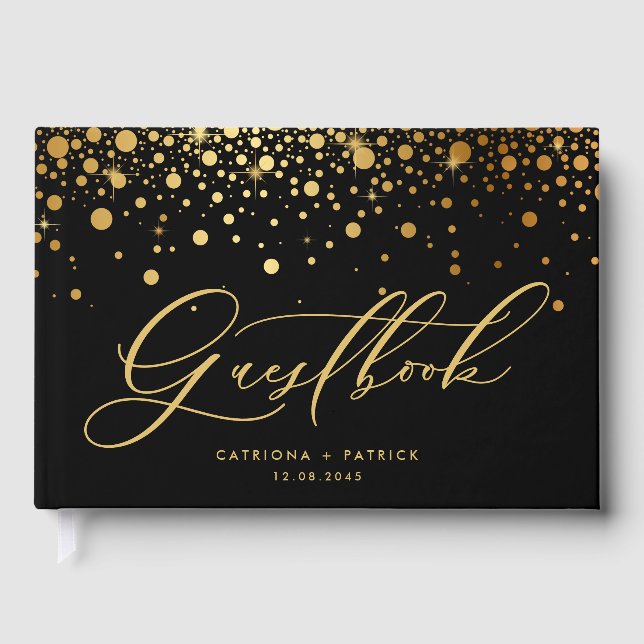 Black Imitate Gold Foil Confetti Dots Wedding Gästebuch (Vorderseite)