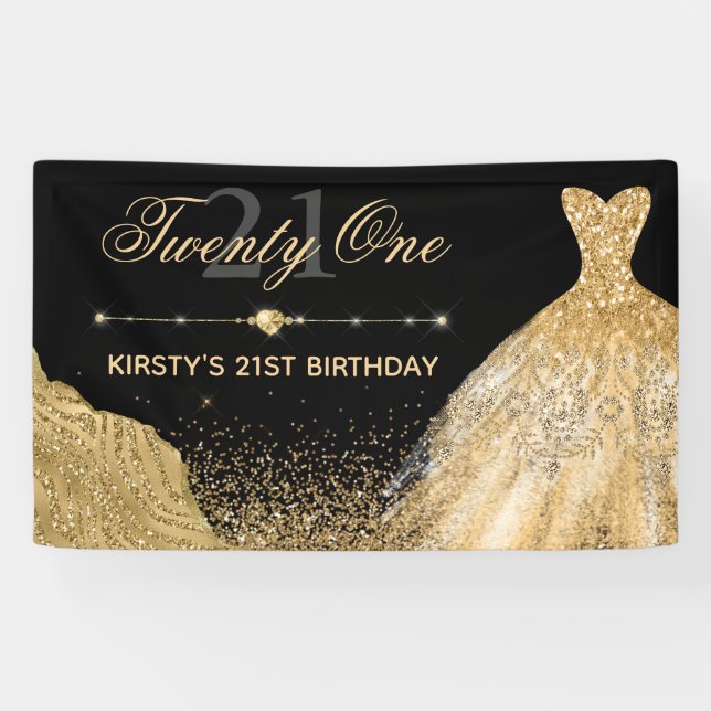 Black & Imitate Gold Glitzer & Dress 21. Geburtsta Banner (Horizontal)