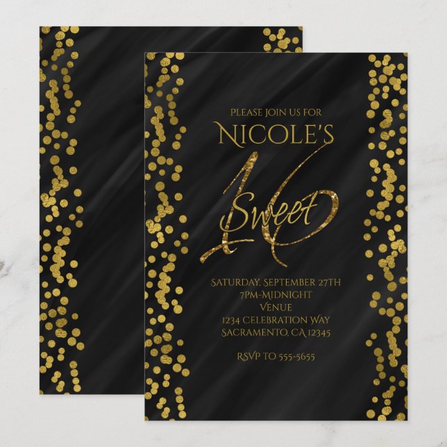 Black & Imitate Gold Moderner Glamour SWEET 16 16 Einladung (Vorne/Hinten)