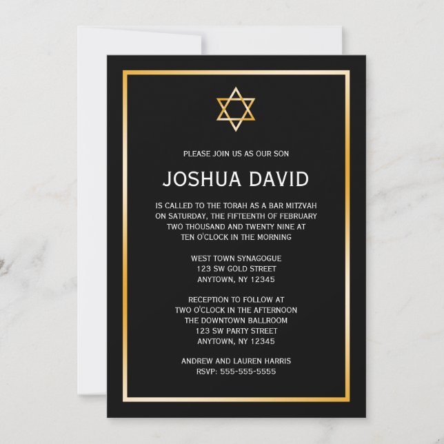 Black Imitate Gold Star von David Bar Mitzvah Einladung (Vorderseite)