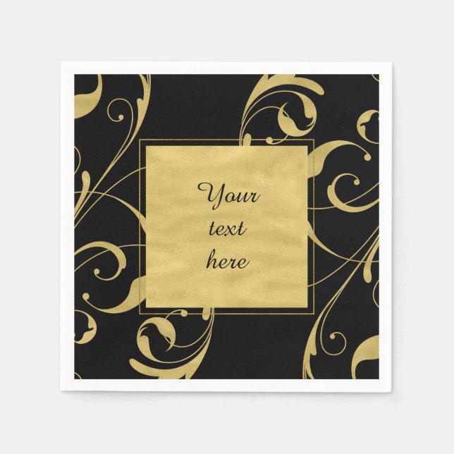 Black & Imitate Golflorale Swirl Hochzeitsfeier Serviette (Vorderseite)