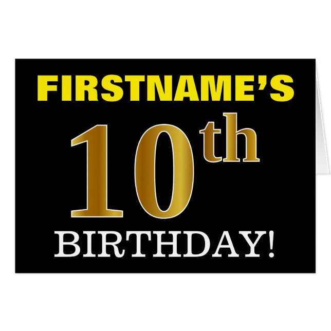 Black, Imitation Gold "10. BIRTHDAY" Karte (Vorderseite (Horizontal))