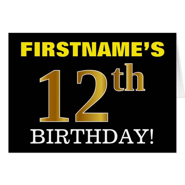 Black, Imitation Gold "12. BIRTHDAY" Karte (Vorderseite (Horizontal))