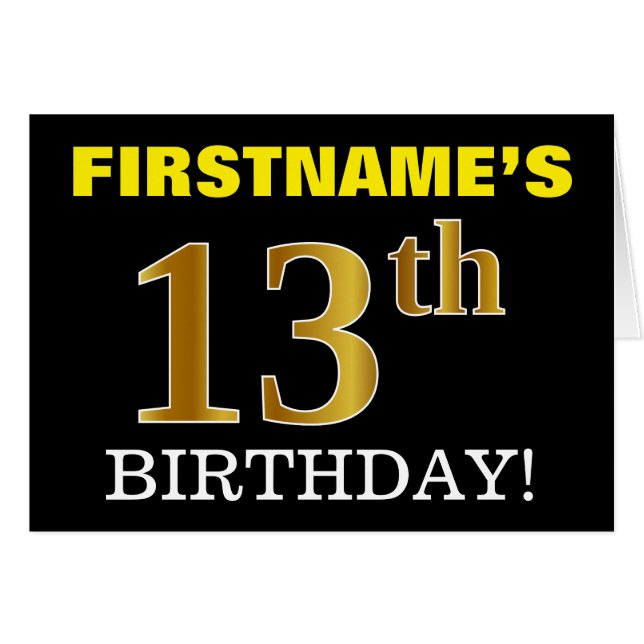 Black, Imitation Gold "13. BIRTHDAY" Karte (Vorderseite (Horizontal))