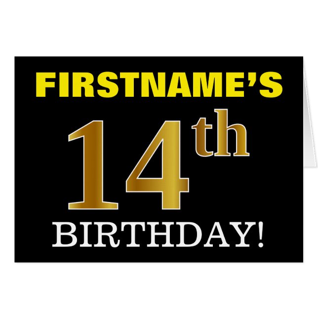 Black, Imitation Gold "14. BIRTHDAY" Karte (Vorderseite (Horizontal))