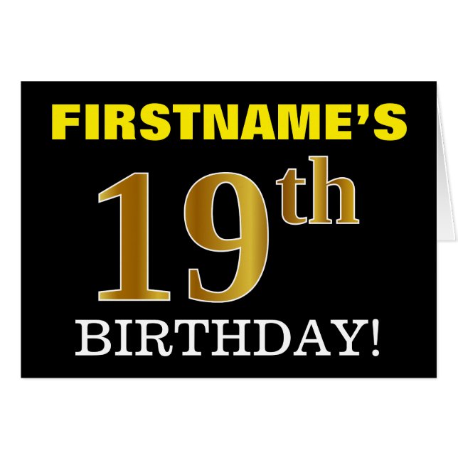 Black, Imitation Gold "19. BIRTHDAY" Karte (Vorderseite (Horizontal))