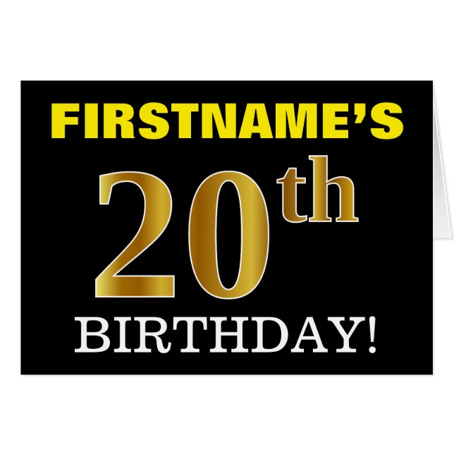 Black, Imitation Gold "20th BIRTHDAY" Card (Vorderseite (Horizontal))