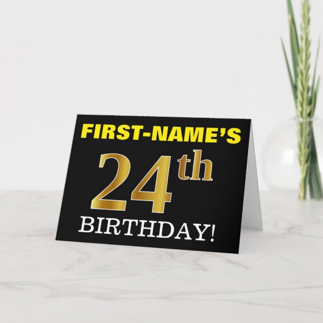 Black, Imitation Gold "24. BIRTHDAY" Karte (Vorderseite)