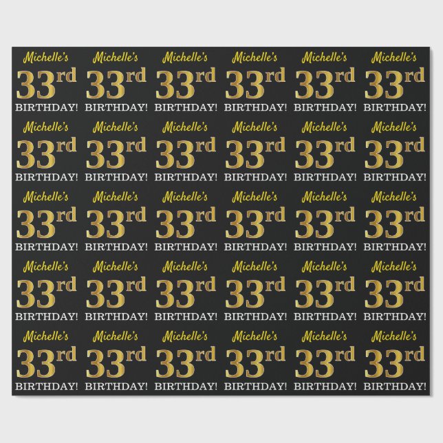 Black, Imitation Gold "33. BIRTHDAY" Geschenkpapier (Flach)