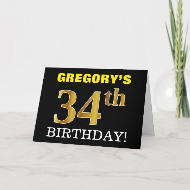 Black, Imitation Gold "34. BIRTHDAY" Karte (Vorderseite)