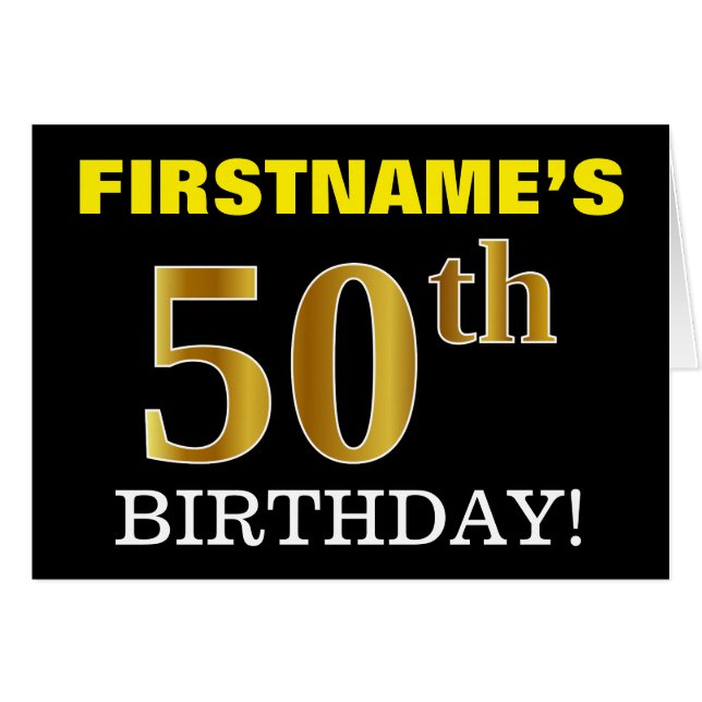 Black, Imitation Gold "50. BIRTHDAY" Karte (Vorderseite (Horizontal))