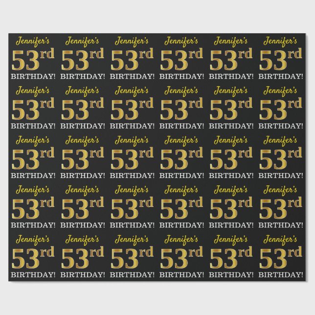 Black, Imitation Gold "53. BIRTHDAY" Geschenkpapier (Flach)