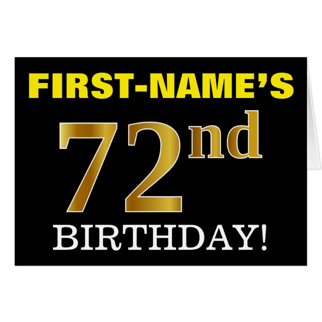 Black, Imitation Gold "72. BIRTHDAY" Karte (Vorderseite (Horizontal))