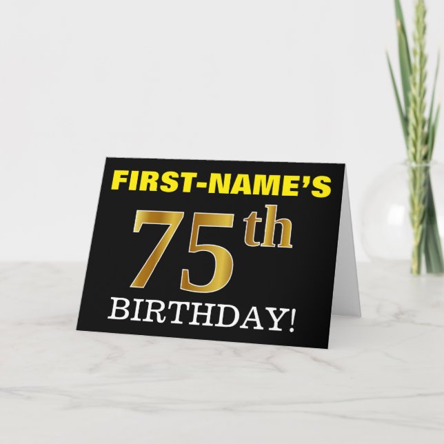Black, Imitation Gold "75. BIRTHDAY" Karte (Vorderseite)