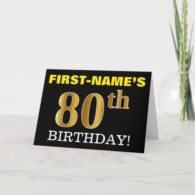 Black, Imitation Gold "80. BIRTHDAY" Karte (Vorderseite)