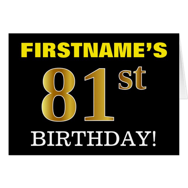 Black, Imitation Gold "81. BIRTHDAY" Karte (Vorderseite (Horizontal))