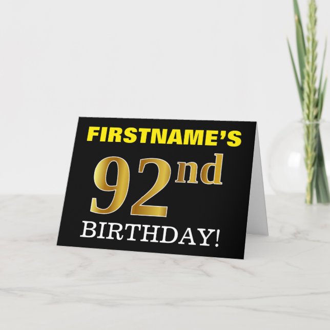 Black, Imitation Gold "92. BIRTHDAY" Karte (Vorderseite)