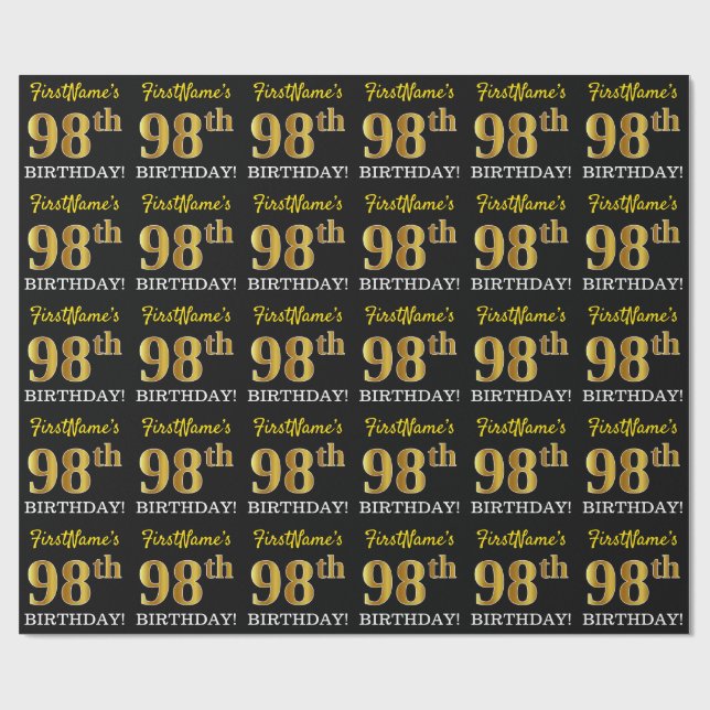 Black, Imitation Gold "98. BIRTHDAY" Geschenkpapier (Flach)