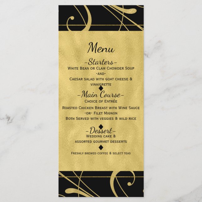 Black & Imitats Gold Floral Swirl Chic Wedelmenü Menükarte (Vorderseite)