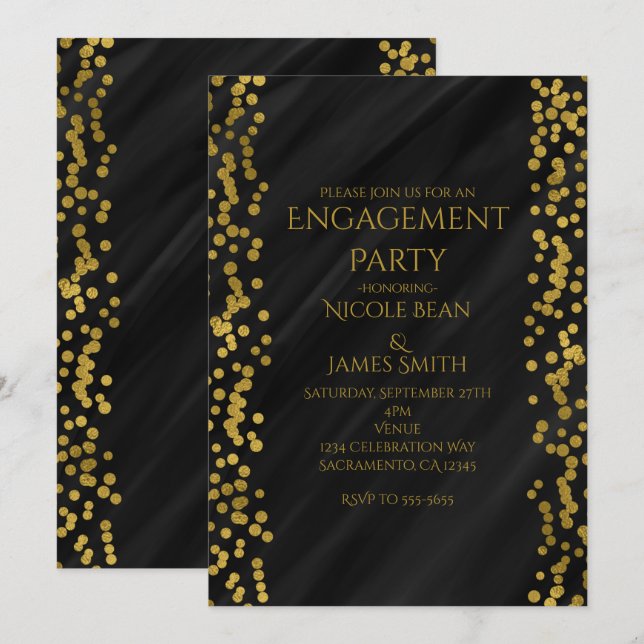 Black & Imitats Gold Moderne Glam Wedding Verlobun Einladung (Vorne/Hinten)