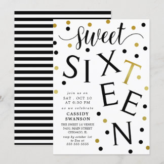 Black & Imitats Gold Typografie 16 . Geburtstag Einladung