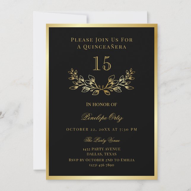 Black Imitats Gold Wreath Quinceañera Einladung (Vorderseite)