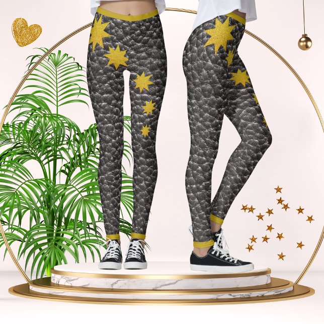 Black Imitats Leather Texture Gold Stars Trendy Leggings (Von Creator hochgeladen)