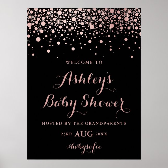 Black Imitats Rose Gold Confetti Begrüßungsdusche  Poster (Vorne)