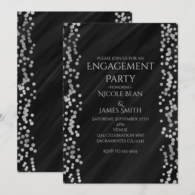 Black & Imitats Silver Modern Glam Wedding Verlobu Einladung (Vorne/Hinten)