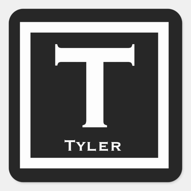 Black Initial Name Kids Boy Party Zurück zur Schul Quadratischer Aufkleber (Vorderseite)