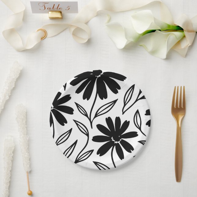 Black Ink Daisies Boho Brautparty Pappteller (Hochzeit)
