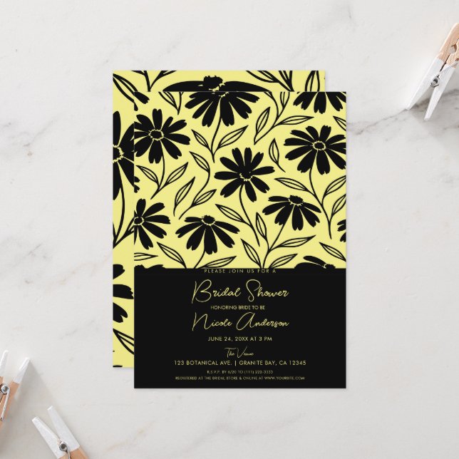 Black Ink Daisies Yellow Boho Brautparty Einladung (Vorderseite/Rückseite Beispiel)