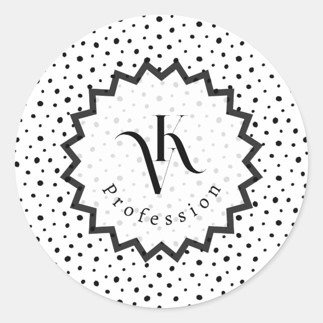 Black ink Improvisation polka dots Monogram. Runder Aufkleber (Vorderseite)