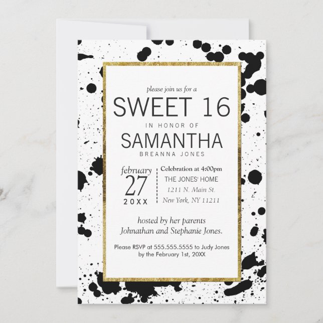 Black Ink Spritzer und Gold Sweet 16 Einladungen (Vorderseite)