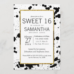 Black Ink Spritzer und Gold Sweet 16 Einladungen