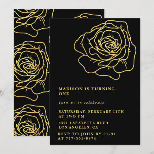 Black invitations de 1er anniversaire Gold Floral