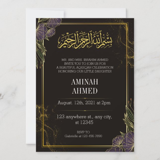 Black Islamic Gold Floral aqiqah Einladung (Vorderseite)