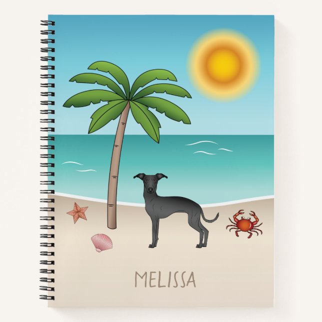 Black Italian Greyhound am Tropical Summer Beach Notizbuch (Vorderseite)