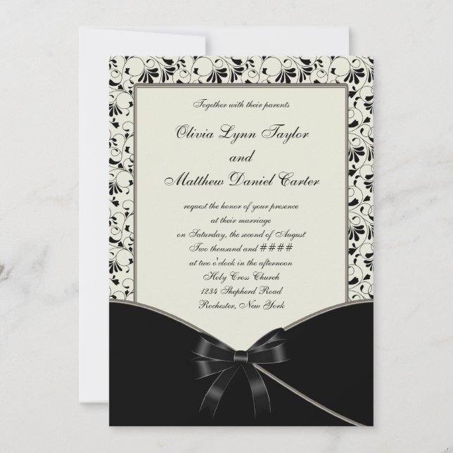 Black Ivory Cream Damask Wedding Einladung (Vorderseite)